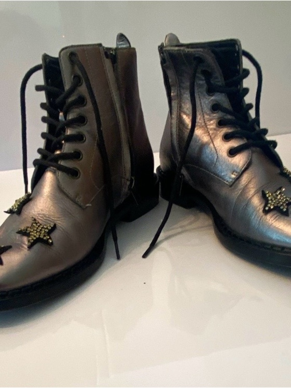 Coach Metallic Silver Lace-Up Star Embellished Ankle Boots - Women
